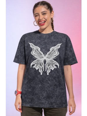 Sevbano Tasarım Billie Eilish Kelebek Temalı Baskılı Unisex Oversize Vintage Yıkamalı Tişört