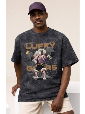 Sevbano One Piece Monkey D. Luffy Fitness Bodybuilding Anime Baskılı Unisex Oversize Vintage Yıkamalı Tişört