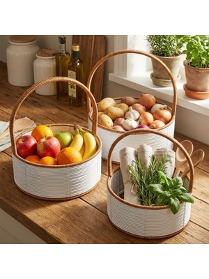  3 Boy Iç Içe Geçebilen Plastik Rattan Sepetler–beyaz Renkli,kahverengi Saplı, Çok Amaçlı
