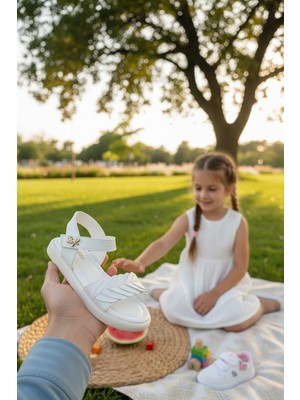 Enoch Beyaz Kanat Detaylı ve Gold Tokalı Şık Kız Çocuk Sandalet