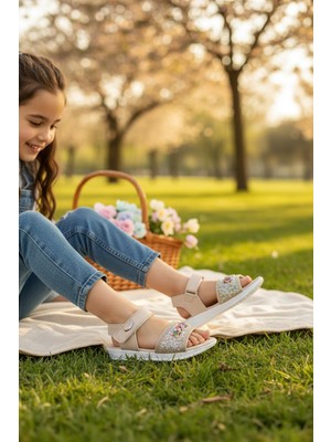 Enoch Noch Çapraz Bantlı ve Metal Aksesuarlı Şık Kız Çocuk Sandalet