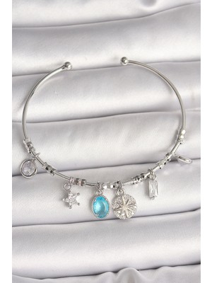 Nemere Pirinç Gümüş Renk Sallantı Pusula Figür Kalp Detay Charm Kadın Bileklik - TJ-BB6902