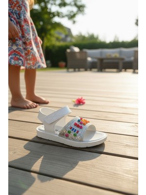 Enoch Simli Bant Üzeri Renkli Silindir Boncuk Işlemeli Kız Çocuk Sandalet