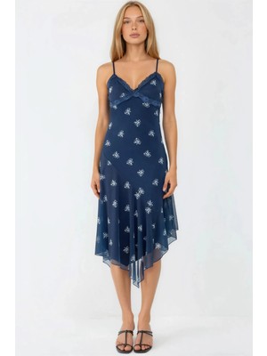 Hiccup Kadınlar V Yaka Baskılı Vücuda Oturan Dantel Detaylı Maxi Elbise Lacivert