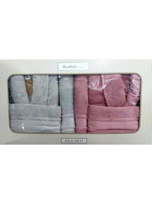 Özdilek Pamuklu 6 Parça Aile Bornoz Seti-Colourist Gri Pembe