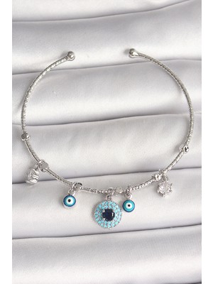 Nemere Pirinç Gümüş Renk Sallantı Zirkon Taşlı Nazar Boncuk Figür Charm Kadın Bileklik - TJ-BB6911