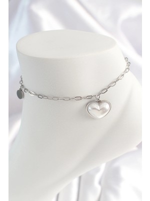 Sb Shopping Çelik Gümüş Renk Zincir Model 3D Kalp Beyaz Kalp Figür Kadın Halhal