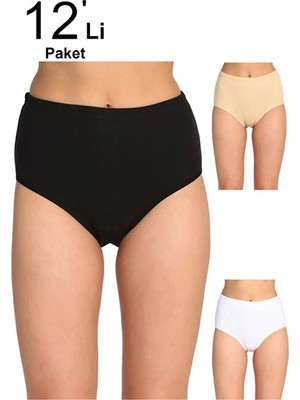 Tusebu 12'li Paket Beyaz Pamuklu Kadın Bato Külot Yüksek Bel Rahat Kesim Ekonomik Iç Giyim