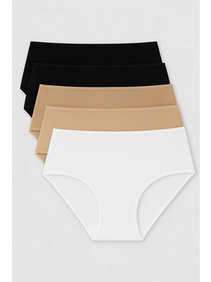 Tusebu Kadın Yüksek Bel Fitilli Külot 5’li Paket (Siyah/beyaz/ten)