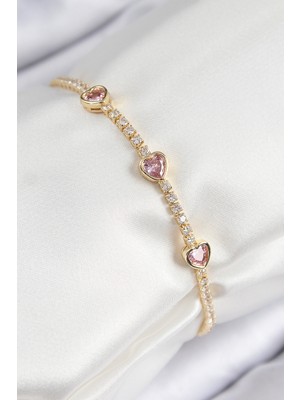 Nemere Pirinç Zirkon Taşlı Pembe Kalp Model Gold Renk Kadın Bileklik - TJ-BB7687