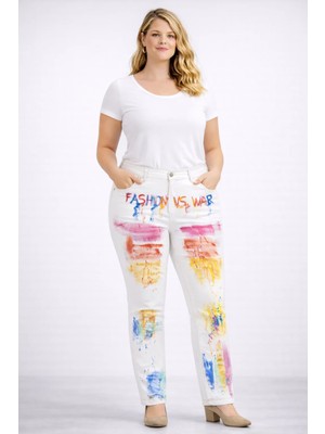 Şans Kadın Büyük Beden Kemik, Boya ve Yırtık Detaylı 4 Cep Likralı Kot Pantolon 65N39383