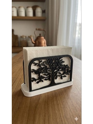 DIGIARTISAN3D Hayat Ağacı Temalı Dekoratif Peçetelik - Siyah & Beyaz Modern Mutfak Organizeri