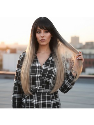 Similar Fiber Sen Uzun Düz Kahküllü Peruk / Siyah / Küllü Bebek Sarı Ombreli