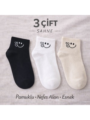 Güçlü Çorap 3 Lü Gülen Yüz Nakışlı  Kadın Bilek Çorap (Pamuklu)