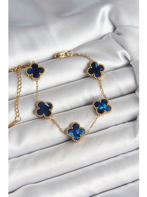 Nemere 316L Çelik Sedefli Lacivert Gold Renk Yonca Kadın Bileklik - TJ-BB6964