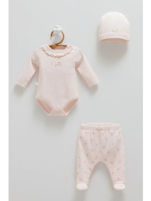 Caramell All Tıme Gırl Body Pantolon Şapka Üçlü Set - Pembe - 56-62 cm Pembe