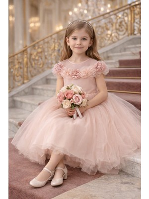 Tarz Çocuk Kız Çocuk Pudra Pembe Tül Prenses Abiye Elbise 4-8 Yaş – 3D Gül Detaylı Fiyonklu Özel Gün & Doğum Günü Elbisesi