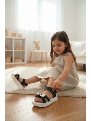 Enoch Ayı Figürlü Gold Aksesuarlı ve Deri Bantlı Şık Kız Çocuk Sandalet