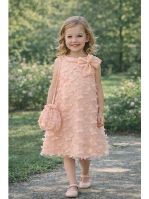 Tarz Çocuk Kız Çocuk Somon 3D Kelebek Detaylı Tül Elbise 4-7 Yaş – Omuz Fiyonklu Çantalı Prenses Doğum Günü & Davet Elbisesi