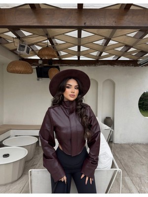 Lux Vestimenta Korse Detay Dik Yaka Kadın Deri Ceket