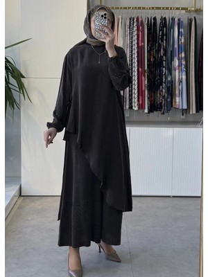 Misswhence 39003 Lazer Kesim Detaylı Ipek Pantolonlu Takım Kahve