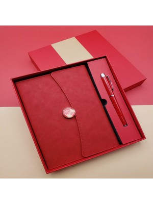 Nemere Çizgili Defter ve Metal Kalem Seti Kırmızı