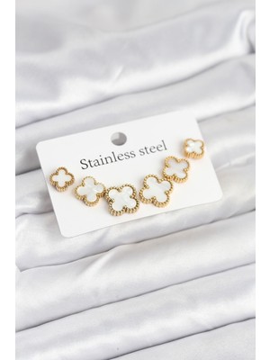 Nemere 316L Çelik Gold Beyaz Renk 3 Boy Yonca Küpe Seti - TJ-BKP11237
