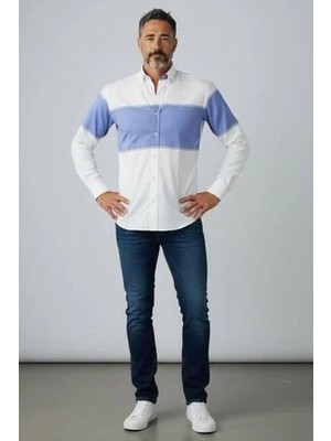 Eren Style Klasik %100 Cotton Uzun Kollu Terletmeyen Kışlık Flanel Kumaş 2 Renkli Çizgili Gömlek (Slim Fit)