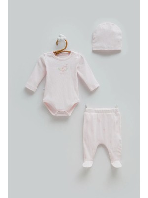 Caramell Love Tıme Kız Bebek Body Pantolon Şapka Üçlü Set - Pembe - 68-74 cm Pembe