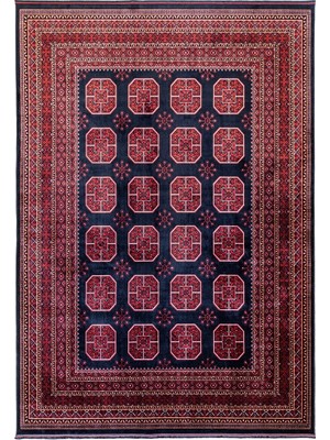 Quka Halı Afgan 112 Lacivert Kaymaz Tabanlı Yıkanabilir Afgan Halısı