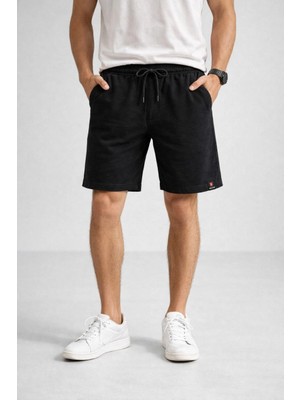 Nemere Erkek Otoban Dokuma Şort Beli Lastikli Bağcıklı, Cepli, Rahat Kesim Günlük Yazlık Şort - Siy