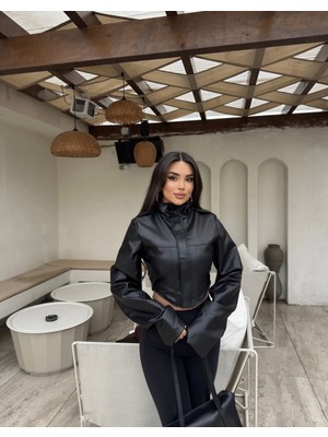 Lux Vestimenta Korse Detay Dik Yaka Kadın Deri Ceket