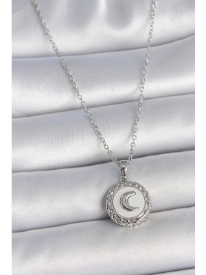 Nemere 316L Çelik Gümüş Renk Zincir Beyaz Mineli Hilal Işlemeli Madalyon Model Kadın Kolye - Tj-Bko1
