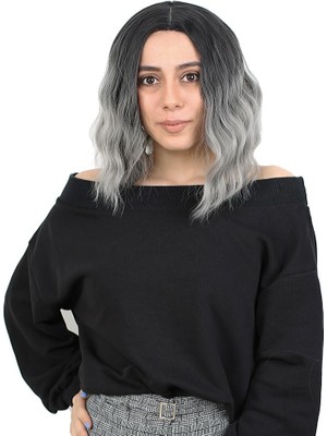 Similar Fiber Sen Kısa Dalgalı Perçemsiz Peruk / Siyah / Gri Ombreli
