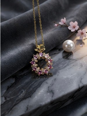 Meneva Aksesuar Pembe Işıltılı Çiçek Buketi Tasarımlı Altın Gold Renk Çelik Kolye