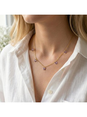 Vaoov 925 Ayar Gümüş Mor Taşlı Altın Kaplama Şans Kelebek Kolye