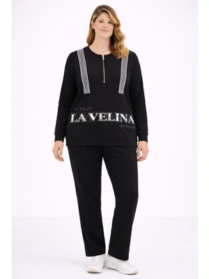 Şans Kadın Büyük Beden Siyah, Taş Işli Baskılı, Yarım Pat Fermuar Kapama Cepli Eşofman Takım 65N39392