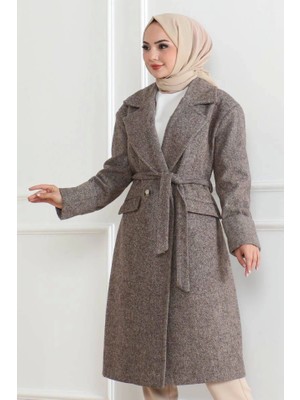 Modatıkla Beli Kuşaklı Yünlü Dokuma Kaşmir Kaban - Vizon