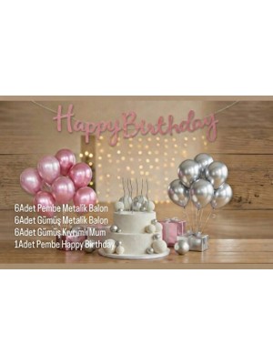 6 Pembe,6 Gümüş Metalik Balon,6lı Kıvrımlı Gümüş Mum,pembe Happy Birthday Doğum Günü Parti Set