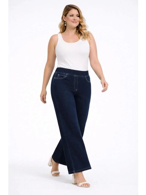 Şans Kadın Büyük Beden Lacivert, Yüksek Bel,bel Lastikli, Süs Cep Likralı Plazzo Kot Pantolon 65N39380