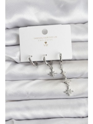 Nemere Kutup Yıldızı Model Gümüş Renk Pirinç 3'lü Kadın Küpe Seti - TJ-BKP11444