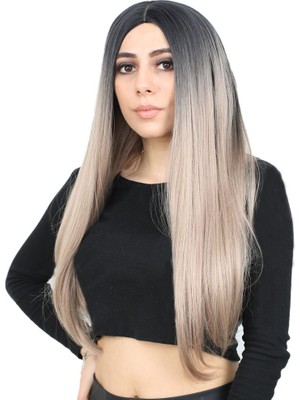 Similar Fiber Sen Uzun Düz Peruk / Siyah / Küllü Bebek Sarı Ombreli