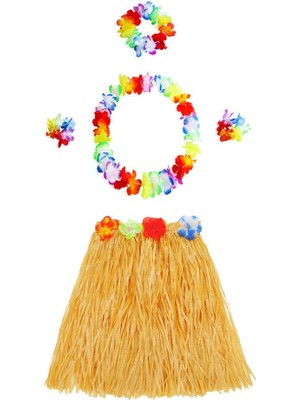 Nemere Yetişkin ve Çocuk Uyumlu Luau Aloha Hawaii Turuncu Etek ve Renkli Kolye Taç 2 Adet Bileklik Seti