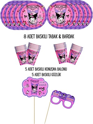 Kuromi 8 Kişilik Tabak , Bardak & 5 Adet Konuşma Balonu & Gözlük Pasta Üstü Parti Seti