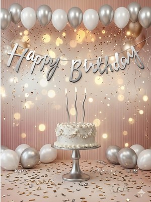 6 Beyaz,6 Gümüş Metalik Balon,6lı Kıvrımlı Gümüş Mum,gümüş Happy Birthday Doğum Günü Parti Set