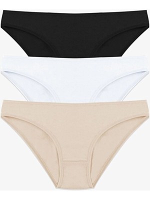 Tusebu 3'lü Kadın Pamuklu Bikini Külot Seti Siyah-Beyaz-Bej