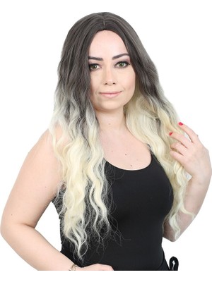 Similar Su Dalgası Uzun Perçemsiz Fiber Sen Peruk / Küllü Siyah / Platin Ombreli