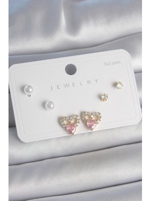 Nemere Pirinç Gold Renk Pembe Zirkon Taşlı Kalp Model Inci Detay 925 Ayar Kadın Küpe Seti - TJ-BKP104