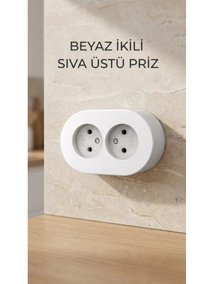 Depozee Beyaz Ikili Sıva Üstü Dekoratif Topraklı Elektrik Prizi