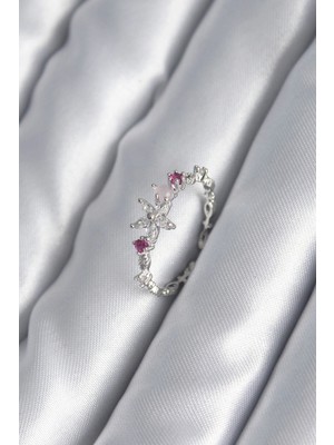 Sb Shopping Pirinç Gümüş Renk Zirkon Taşlı Çiçek Model Pembe Zirkon Taş Detay Kadın Yüzük
